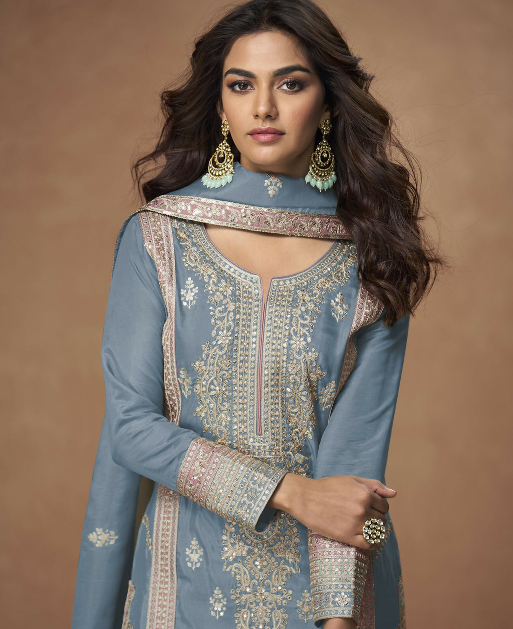 Anaita Sky-Blue Chinon Readymade Palazzo Suit with Embroidery Sequence Work - Distacart