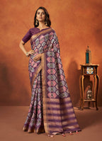 Purple Rangkat and Crepe Silk Aztec Saree With Unstitched Blouse Piece - Mohmanthan Royal Saachi