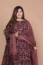 Miravan Women's Plus Size Stunning Maroon Bell Sleeve Floral Printed Anarkali Kurta Dupatta