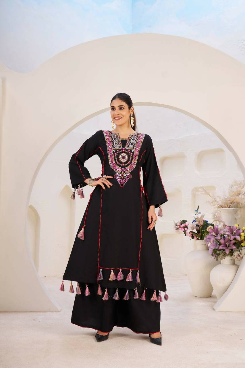 The52 Women's Gorgeous Rayon Fabric Thread Work Straight Kurta Palazzo Set - Distacart