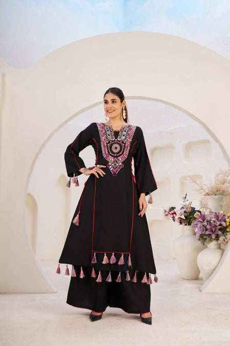The52 Women's Gorgeous Rayon Fabric Thread Work Straight Kurta Palazzo Set