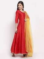 Myshka Women's Red Silk Solid 3/4 Sleeve Round Neck Casual Anarkali Kurta Dupatta Set