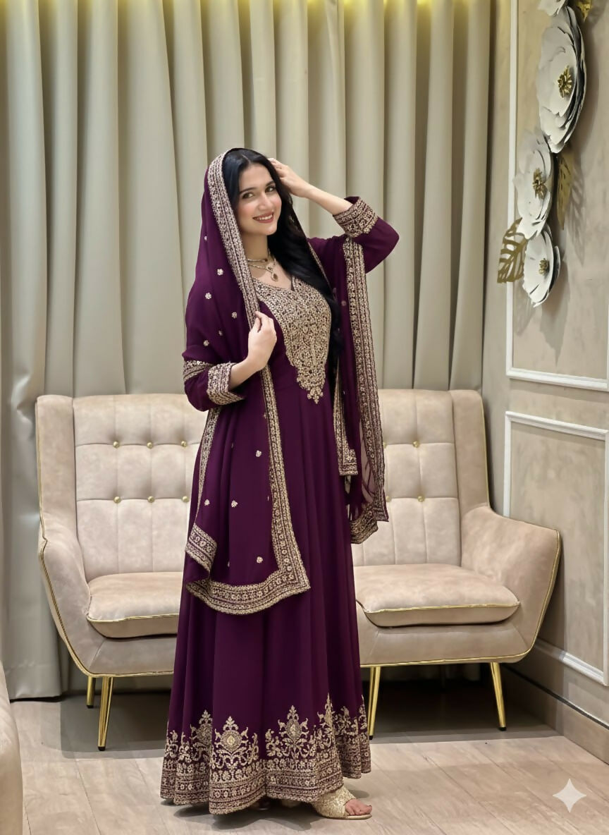 Teeya Creation Wine Color Faux Georgette Embroidery Work Long Party Wear Gown - Distacart