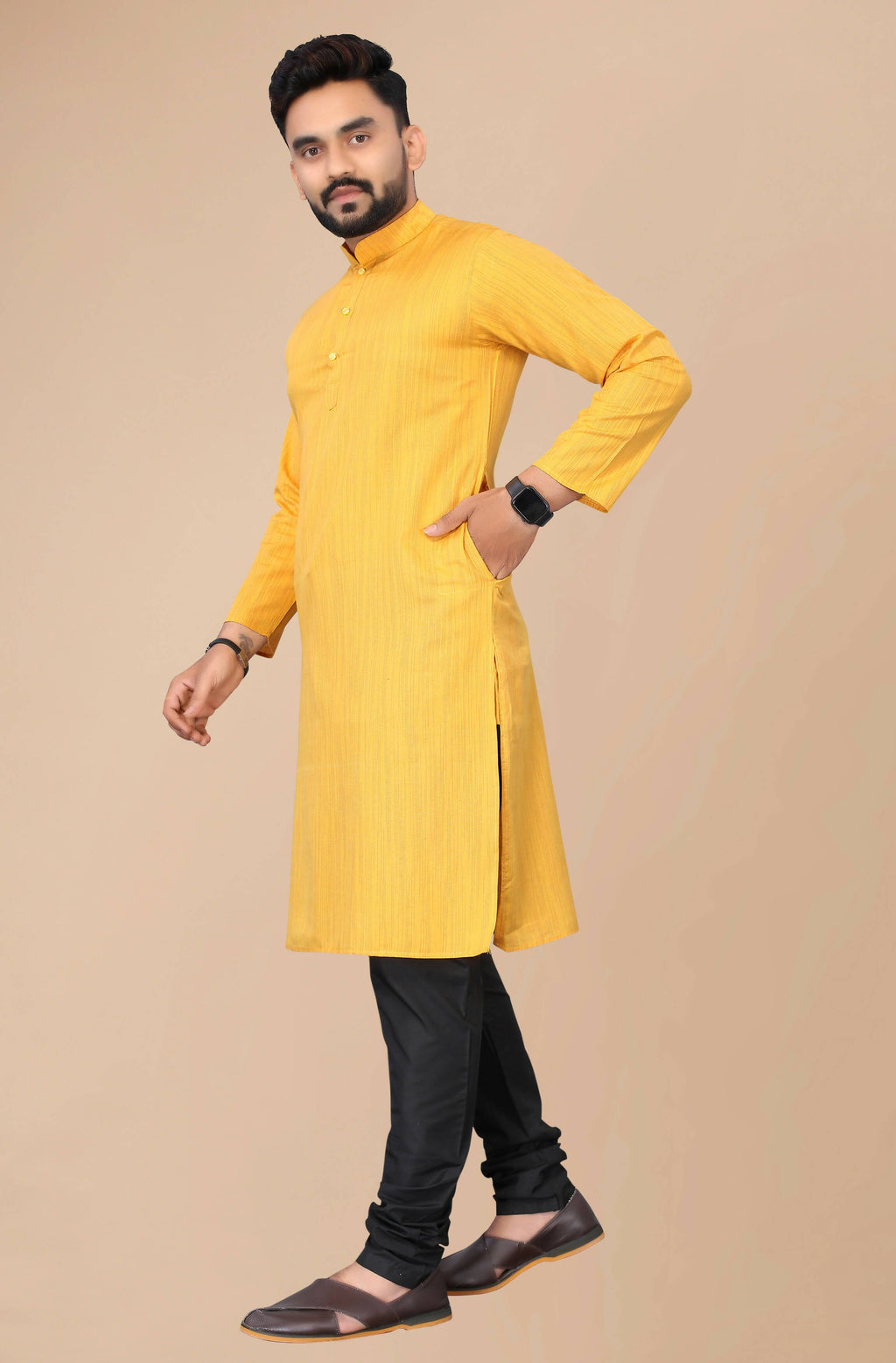 Men's Mustard Striped Cotton Kurta - Mahotsav