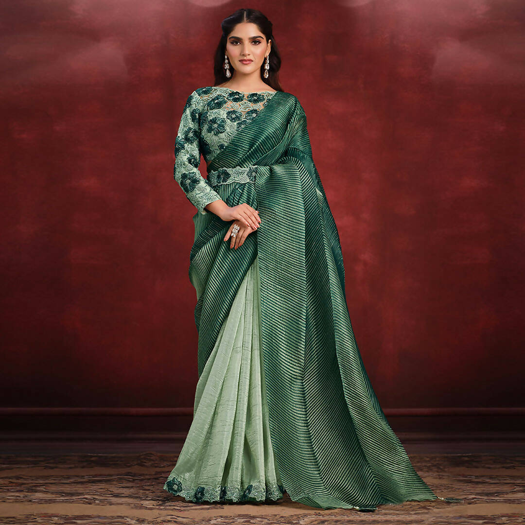 Sea Green Banarasi Crush Silk Sequence Thread & Stone Work/ Texture Pallu Saree - Mohmanthan Kimiya - Distacart