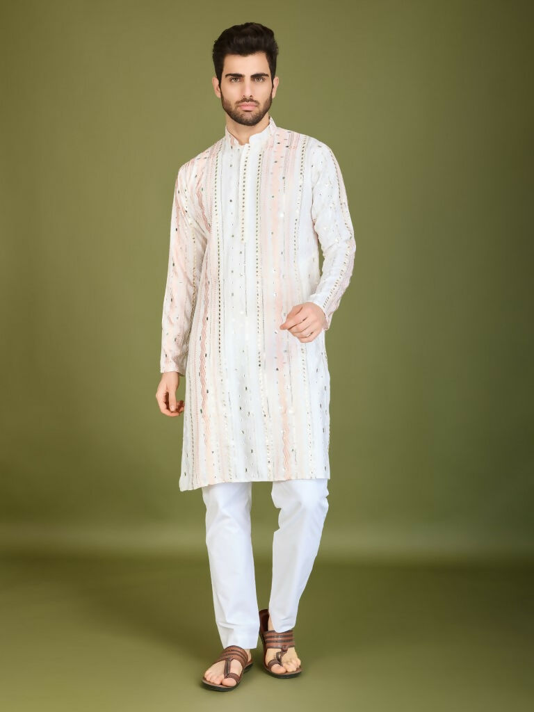 Vastranavya White Exclusive Festival Wear Pure Viscose Rayon Sequence & Foil Mirror Heavy Embroidered Work Kurta