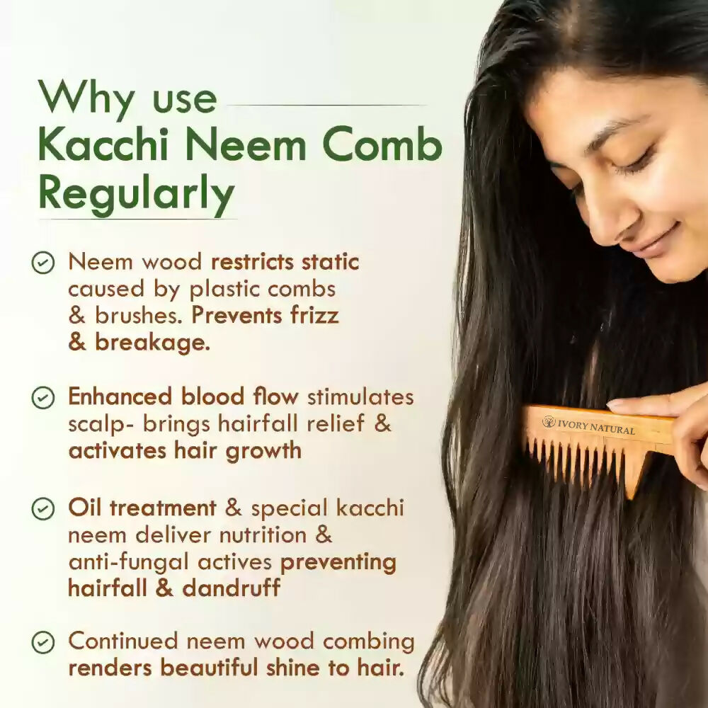 Ivory Natural Handle Kacchi Neem Comb For Gentle Detangling & Scalp Nourishment For Hair - Distacart