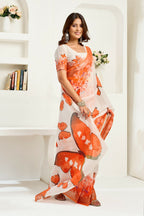 Vastranavya White Orange Digital Printed Linen Ready To Wear Designer Saree with Unstitched Blouse - Distacart