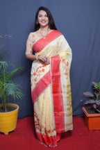 Jyoti Fashion Women's Red Linen Silk Digital Print with Jacquard Woven Border Saree with Blouse