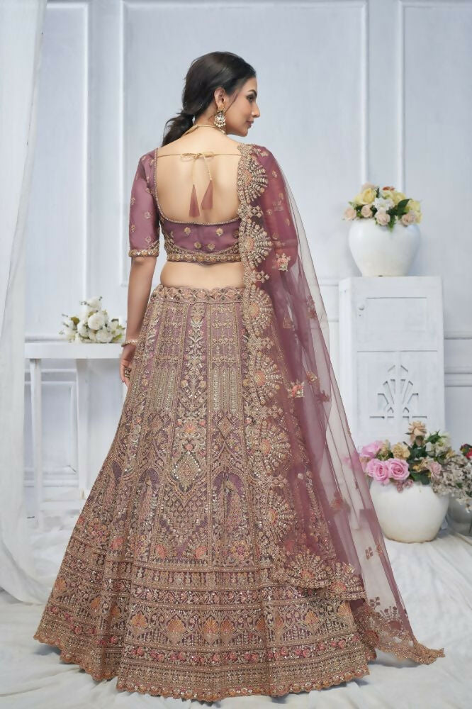 Kesar Fab Onion-Pink Net Embroidered Lehenga