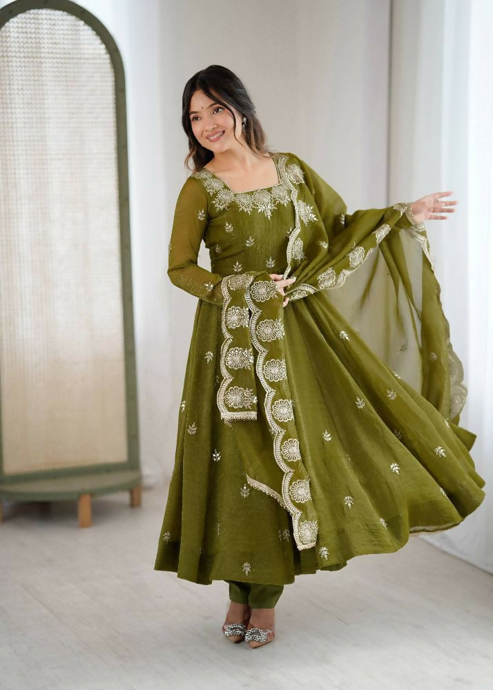 Teeya Creation Mehendi Color Crunchy Silk Embroidery Work Wedding Wear Gown - Distacart