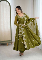 Teeya Creation Mehendi Color Crunchy Silk Embroidery Work Wedding Wear Gown - Distacart