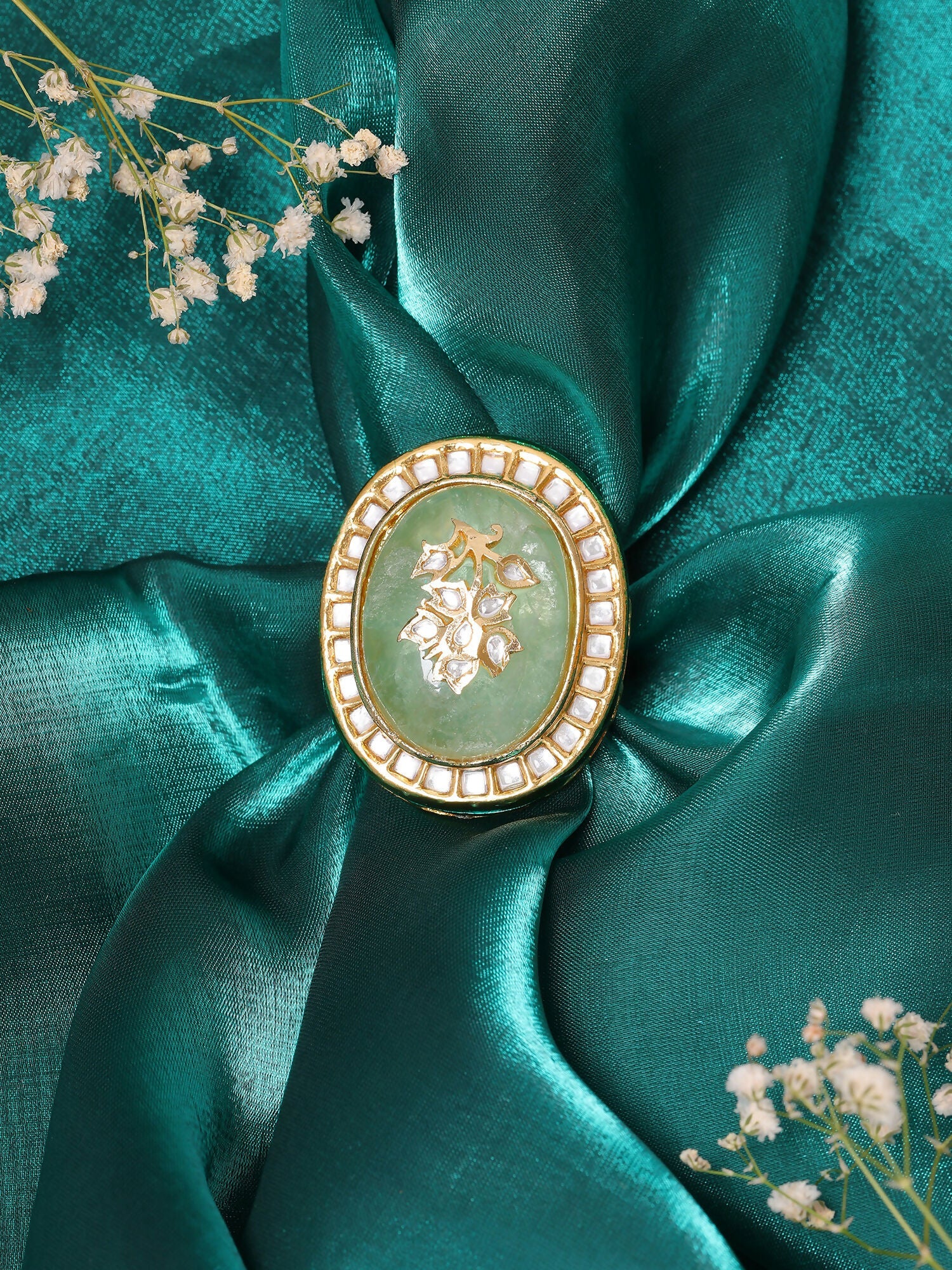 Ruby Raang Gold Polished Green Kundan And Stone Ring