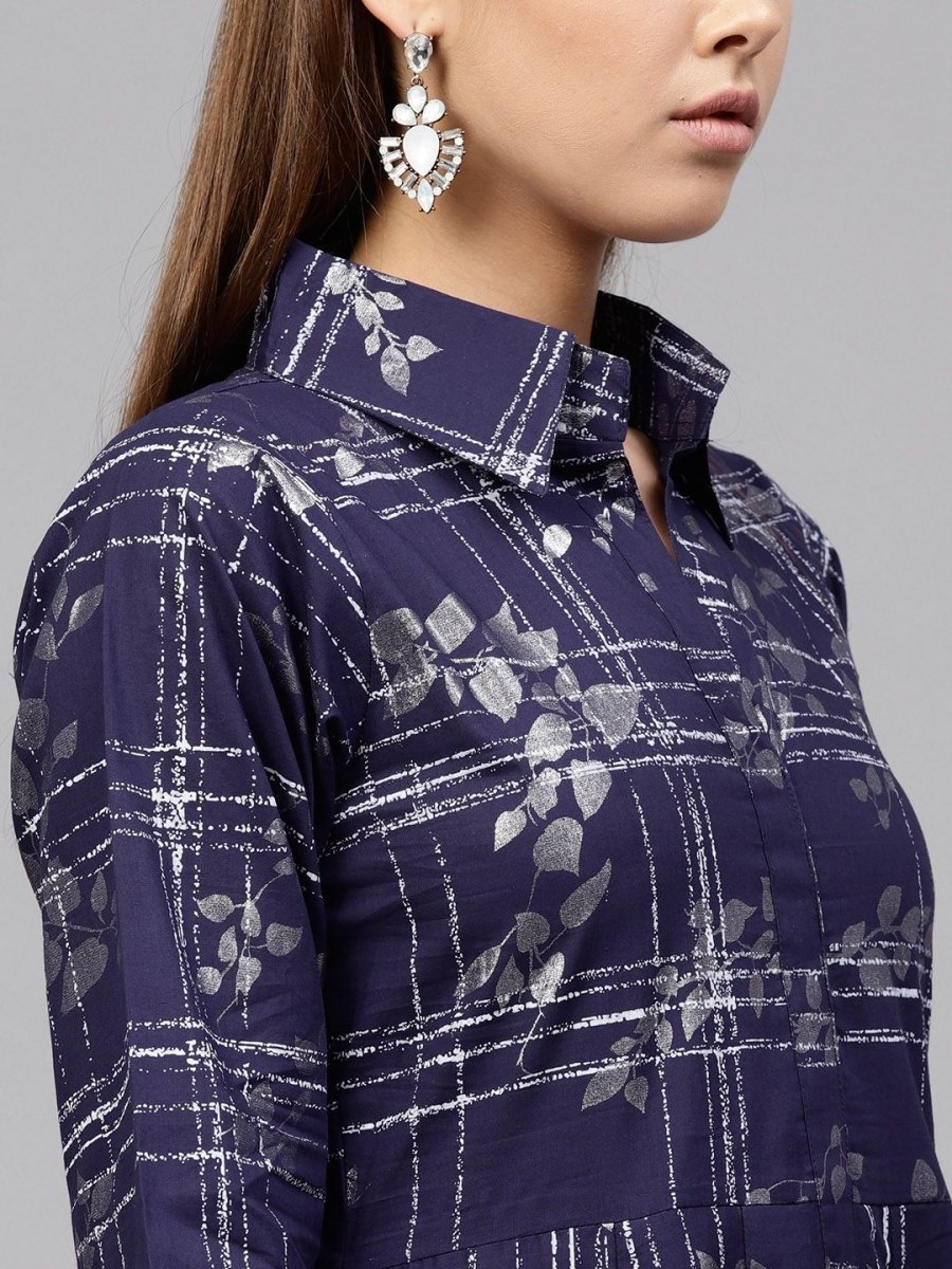 Ahalyaa Women's Navy Blue Cotton Printed Kurta
