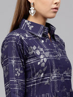 Ahalyaa Women's Navy Blue Cotton Printed Kurta