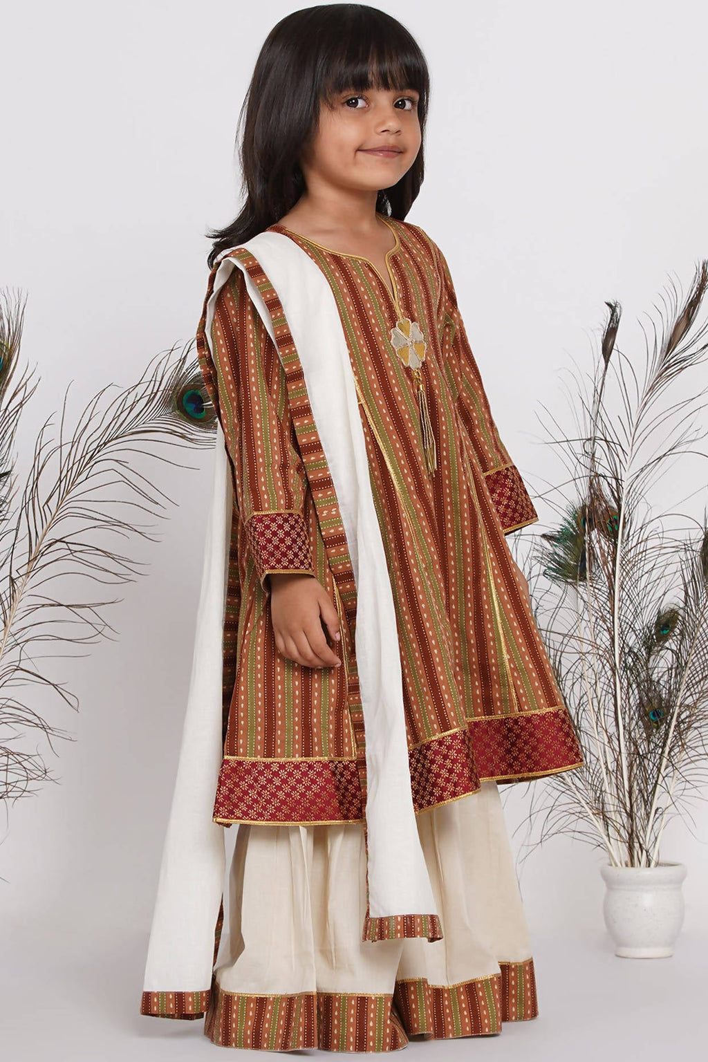 Little Bansi Girls Cotton Kurta frock with Sharara & Dupatta - Brown & Cream