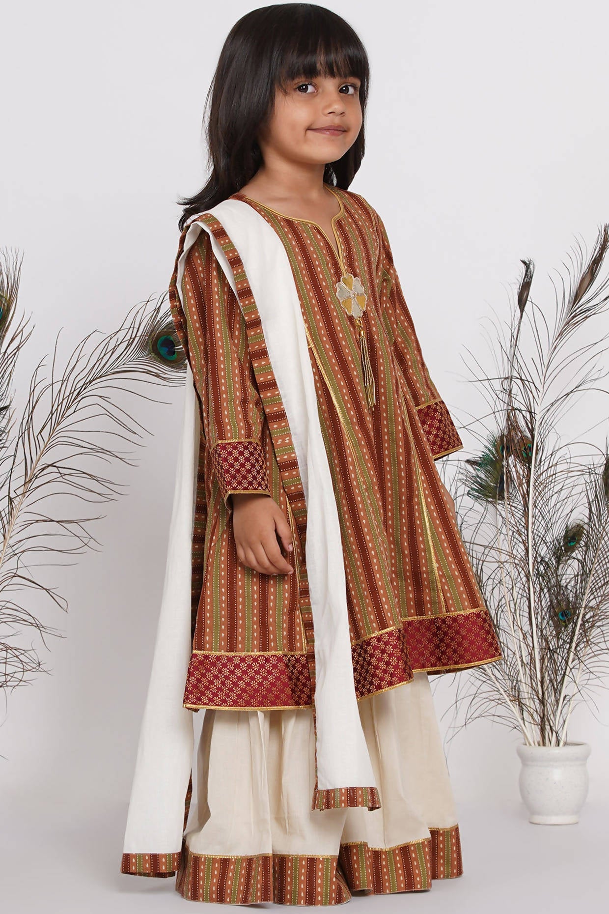 Little Bansi Girls Cotton Kurta frock with Sharara & Dupatta - Brown & Cream
