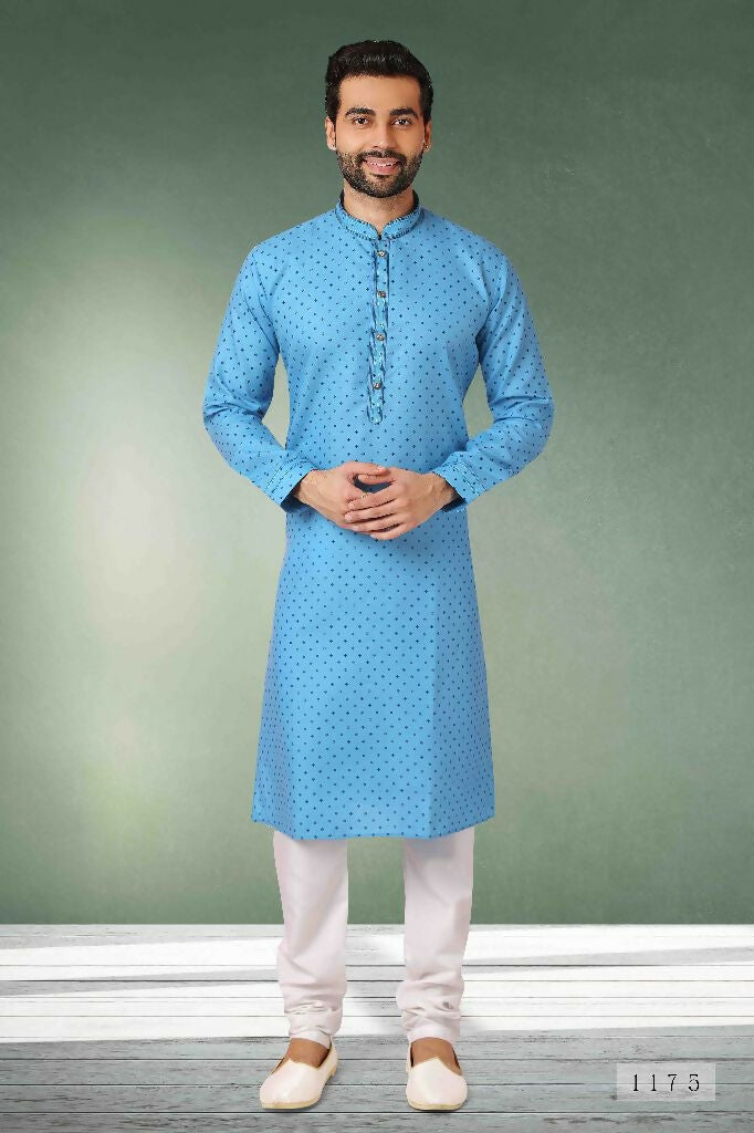 Raivat Ethnic Cotton Printed Work Kurta Pajama In Light Blue Colour