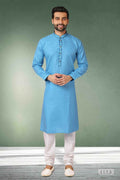 Raivat Ethnic Cotton Printed Work Kurta Pajama In Light Blue Colour