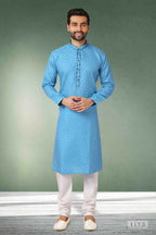 Raivat Ethnic Cotton Printed Work Kurta Pajama In Light Blue Colour