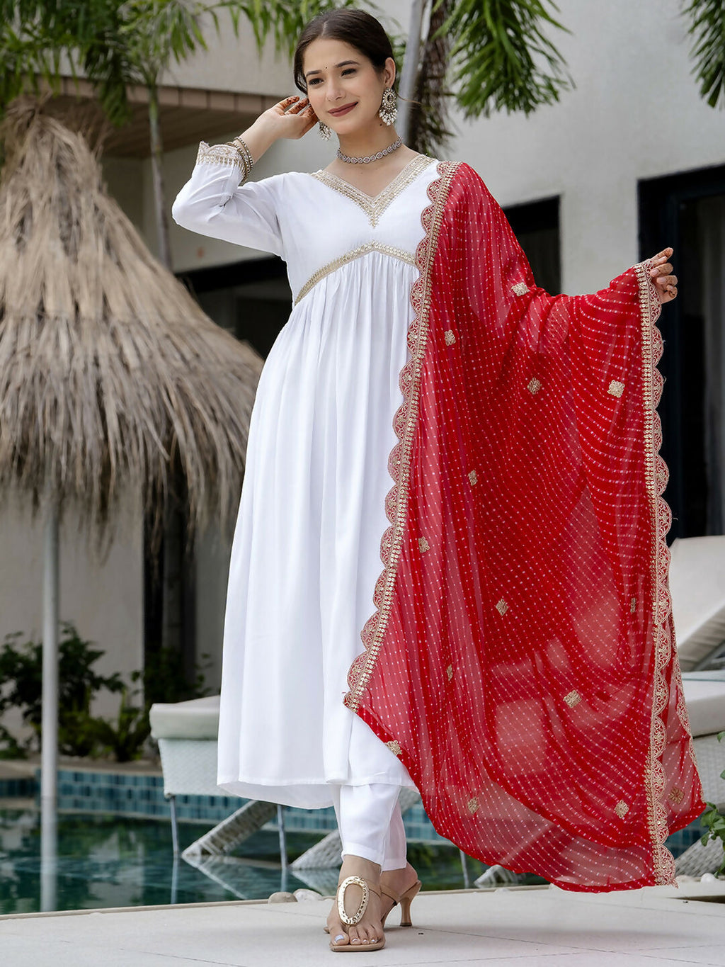 The52 White Women's Gorgeous Embroidered Chanderi Fabric Straight Kurta, Pant and Dupatta Set - Distacart