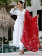 The52 White Women's Gorgeous Embroidered Chanderi Fabric Straight Kurta, Pant and Dupatta Set - Distacart
