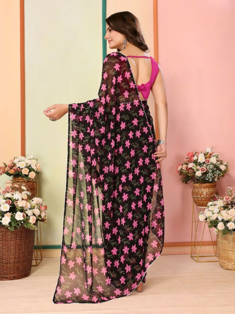 Black Georgette Designer Printed Ready To Wear Saree - Elite
