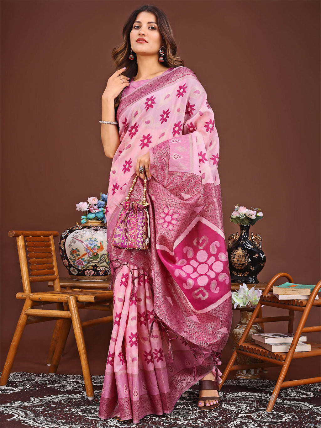 Shree Shyam Fashion Sajni Pink Linen Cotton Saree