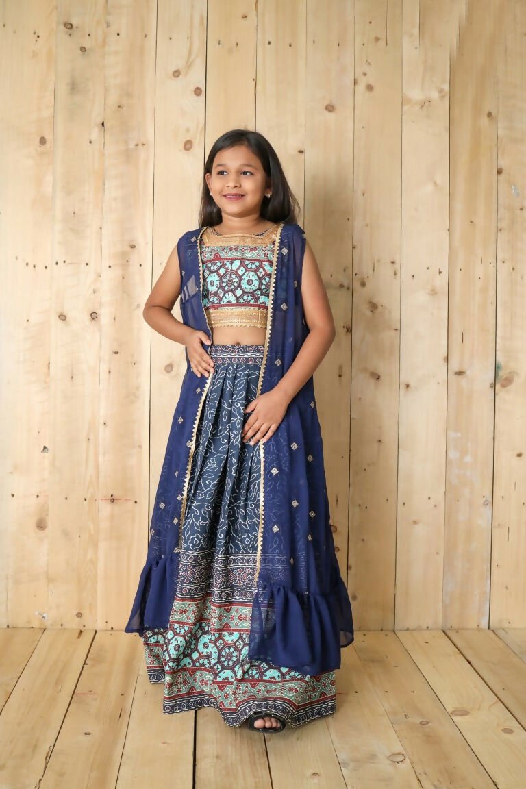 Aayaa Designer Printed Silk Embroidery Kids Lehenga Choli - Blue