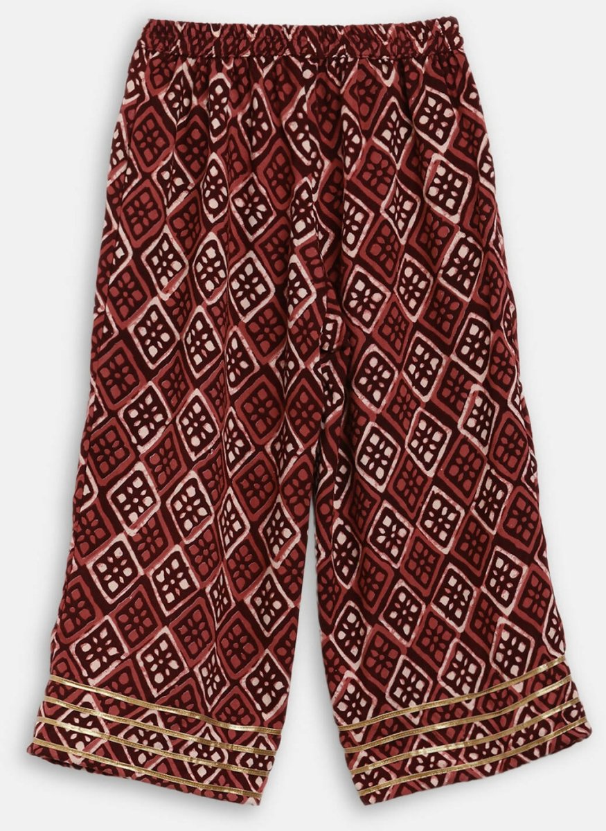 Ahalyaa Maroon Rayon Printed Kurta Palazzo Sets for Kids For Girls