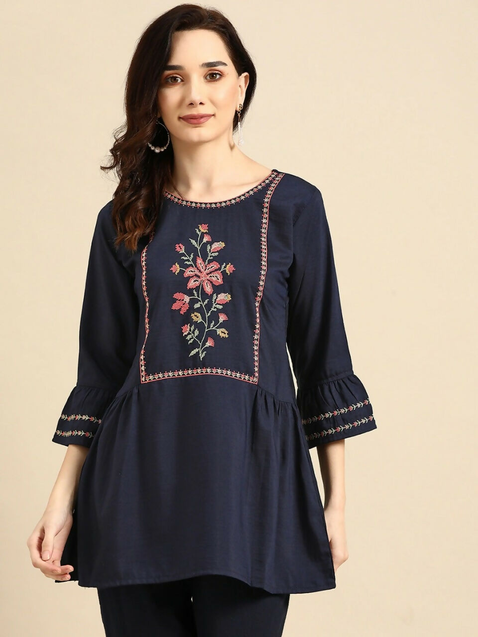 Women's Navy Blue Viscose blend Embroidered Short Top - Marina