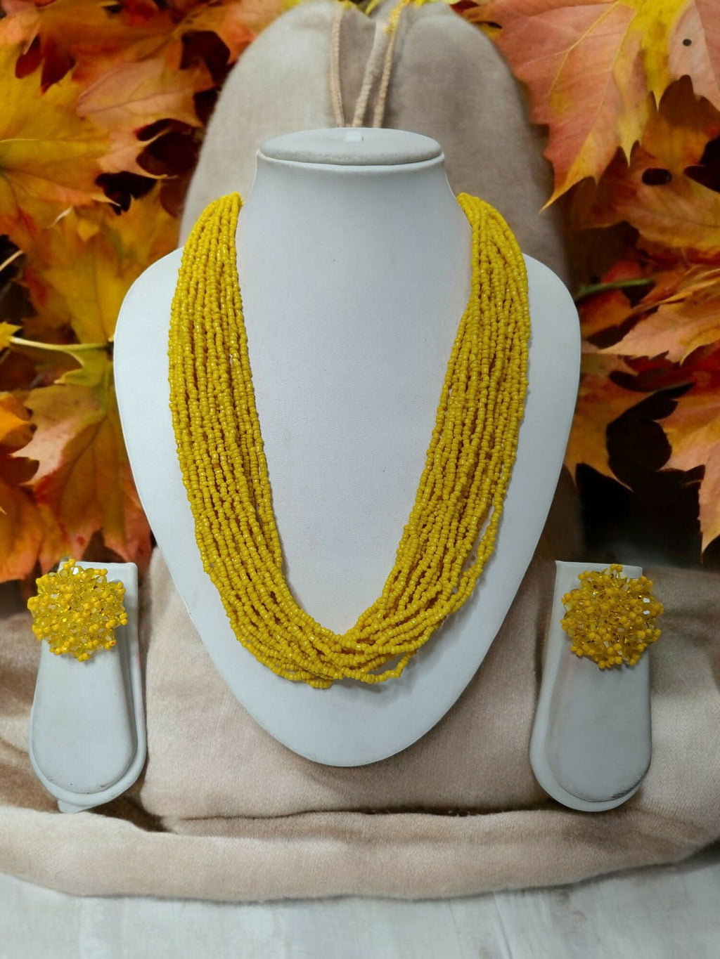 Inhanns Vibrant Handmade 20 Layers Beaded Necklace With Matching Earrings - Yellow