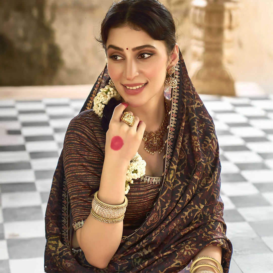 Brown Gajji Silk Gota With Minakari Work Saree With Unstitched Blouse - Norita Gajri
