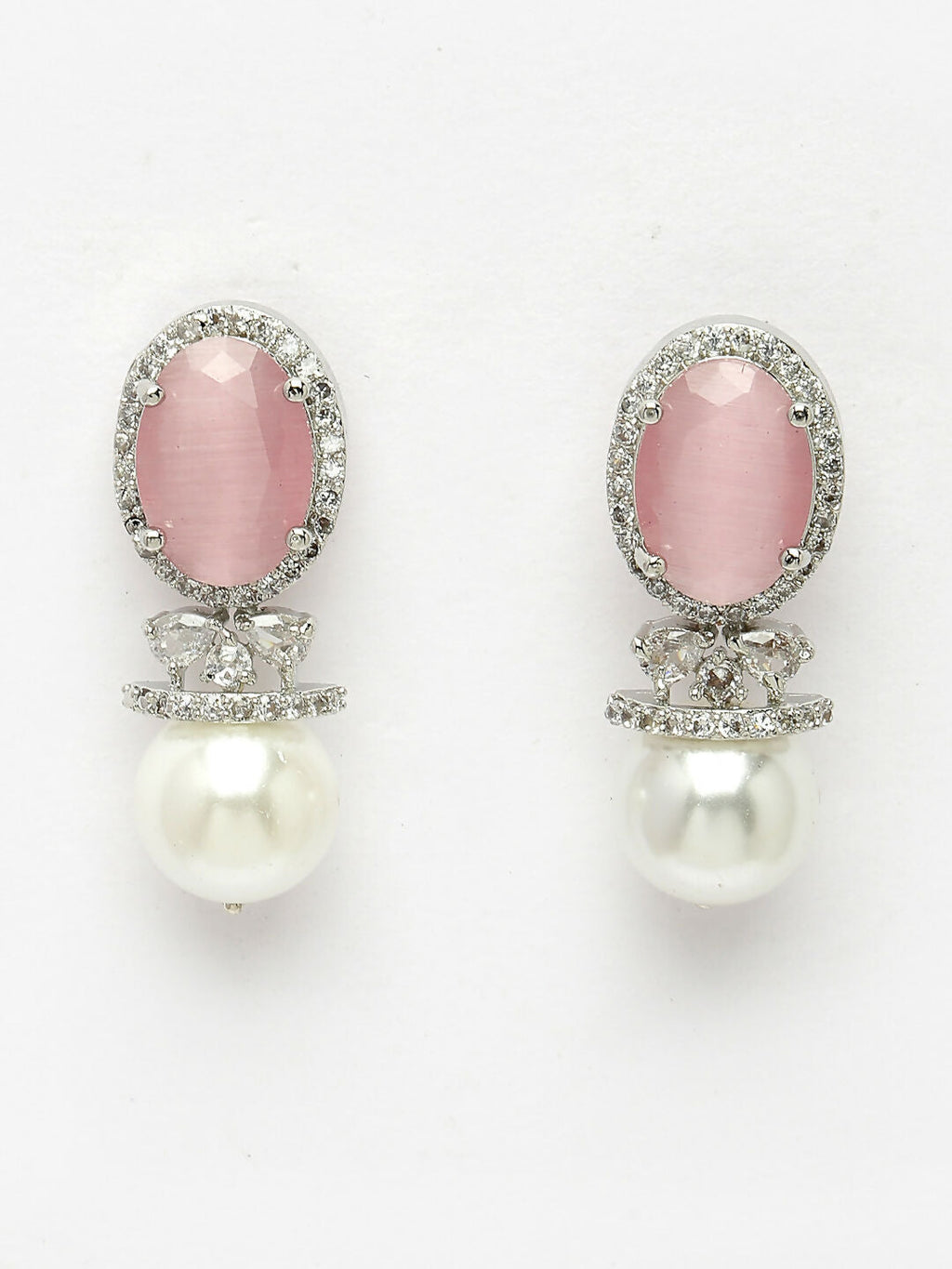 NVR Women's Silver-Plated Pink American Diamond Studded Handcrafted Jewellery Set