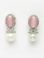 NVR Women's Silver-Plated Pink American Diamond Studded Handcrafted Jewellery Set