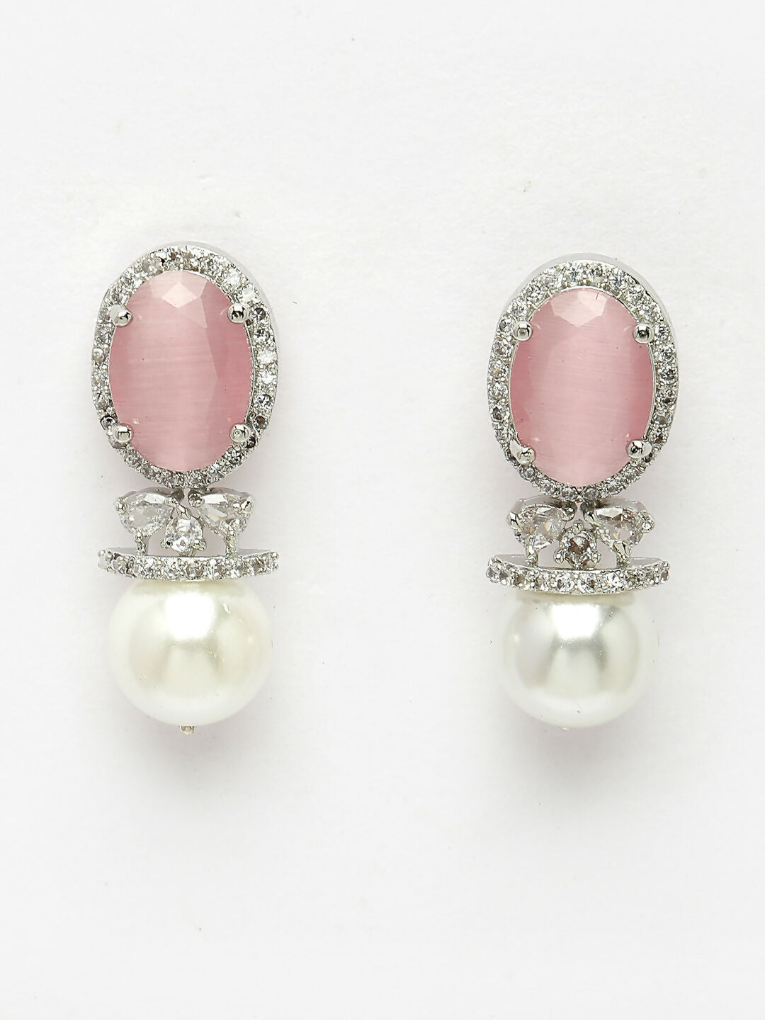 NVR Women's Silver-Plated Pink American Diamond Studded Handcrafted Jewellery Set