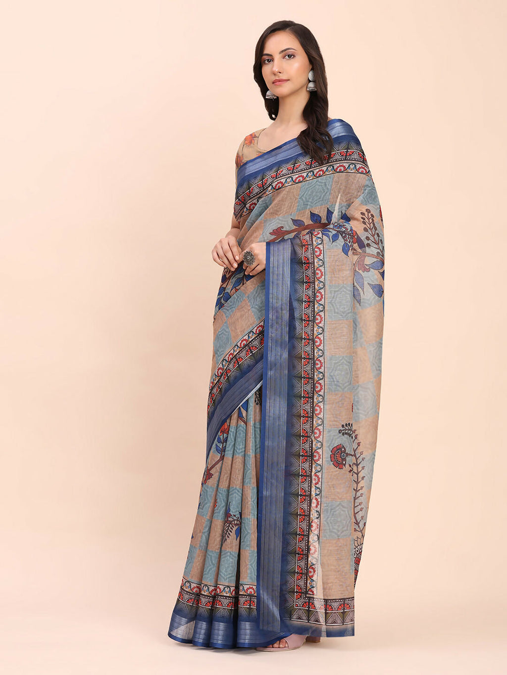 Shree Shyam Fashion Linen Cotton Cream Saree - Distacart
