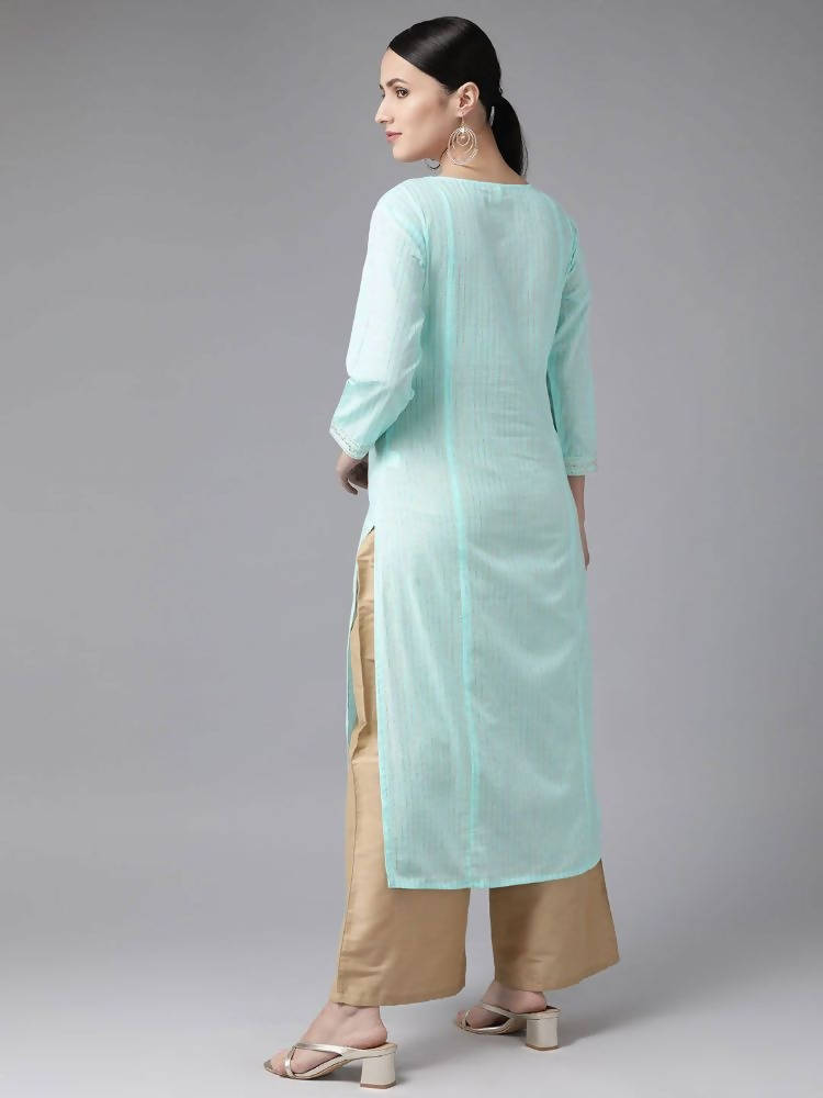 Yufta Women Turquoise Blue Yoke Design Mirror Work Kurta