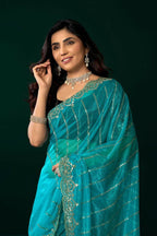Joban Fashion Turquoise Blue Net Party Wear Sarees - Distacart