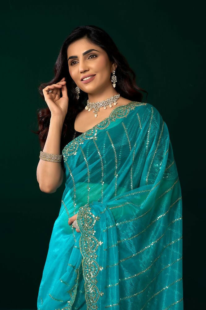 Joban Fashion Turquoise Blue Net Party Wear Sarees - Distacart