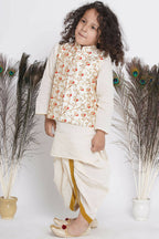 Little Bansi Banarsi Red Tulip Embroidery Jacket With Cotton Kantha kurta And Kantha Dhoti - Cream