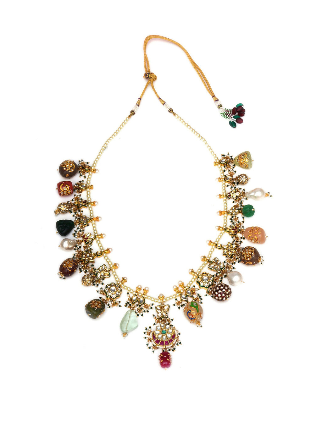 Long Kundan Neckpiece with Earrings with Multi Stones Jewellery Set (Gold) - Ruby Raang