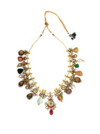 Long Kundan Neckpiece with Earrings with Multi Stones Jewellery Set (Gold) - Ruby Raang