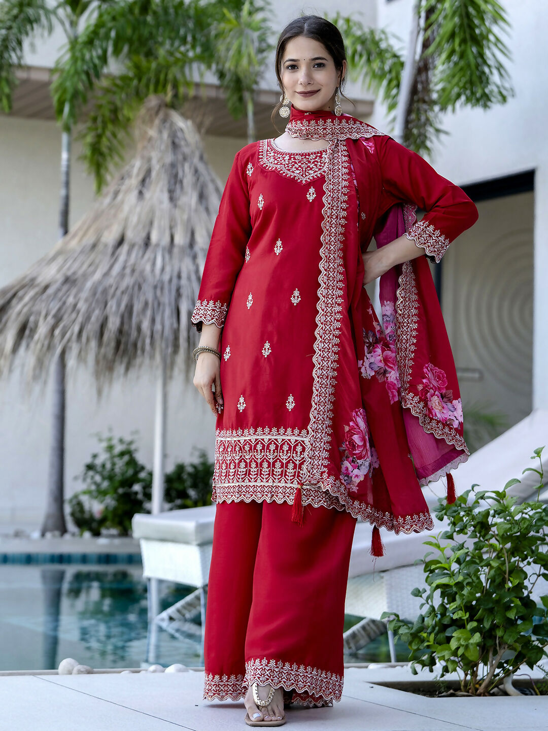 The52 Red Women's Gorgeous Embroidered Vichitra Silk Fabric Straight Kurta, Sharara and Dupatta Set - Distacart
