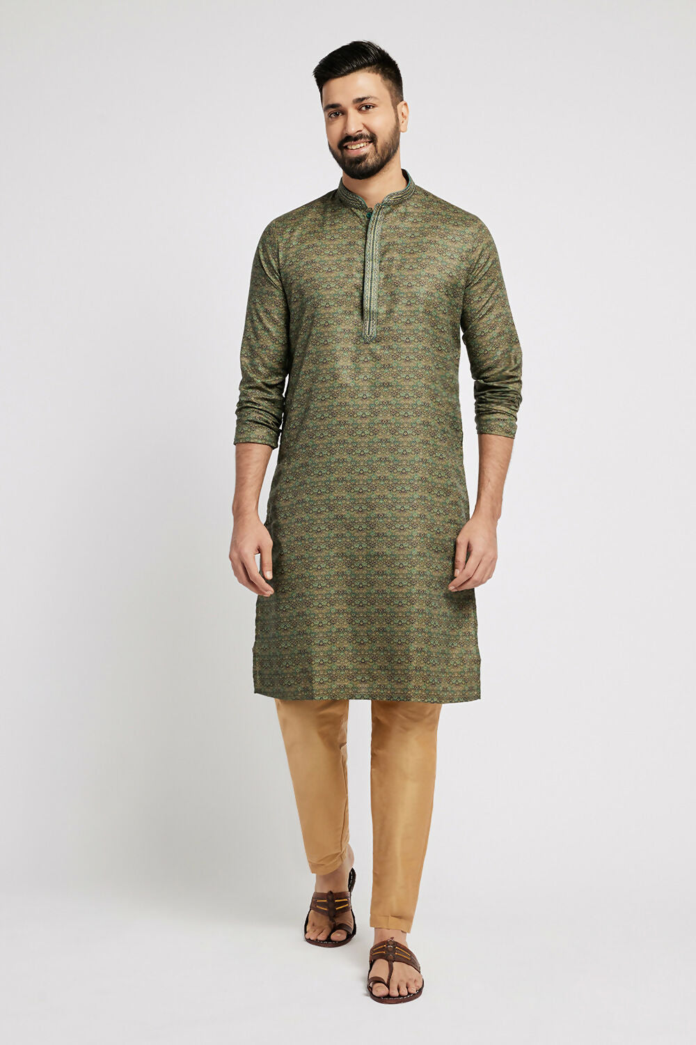 Ethnic India Green Men's Kurta Abstract Polyester