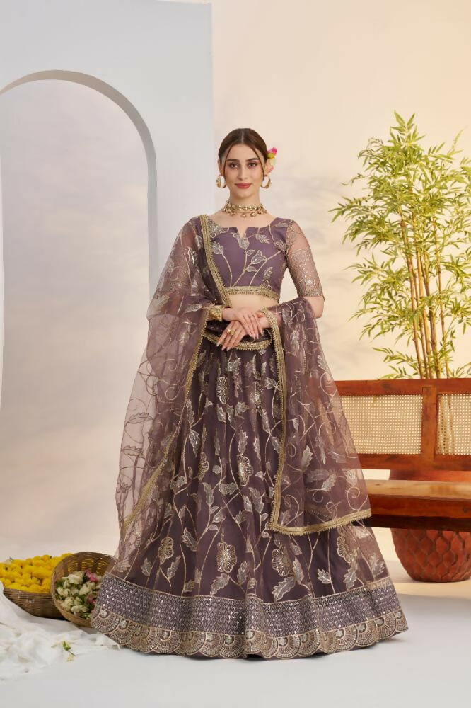 Aastha Fashion Dark Onion Butterfly Net Zari Work And Cotton Thread Work And Sequence Work Embroidery Wedding Wear Lehenga Choli
