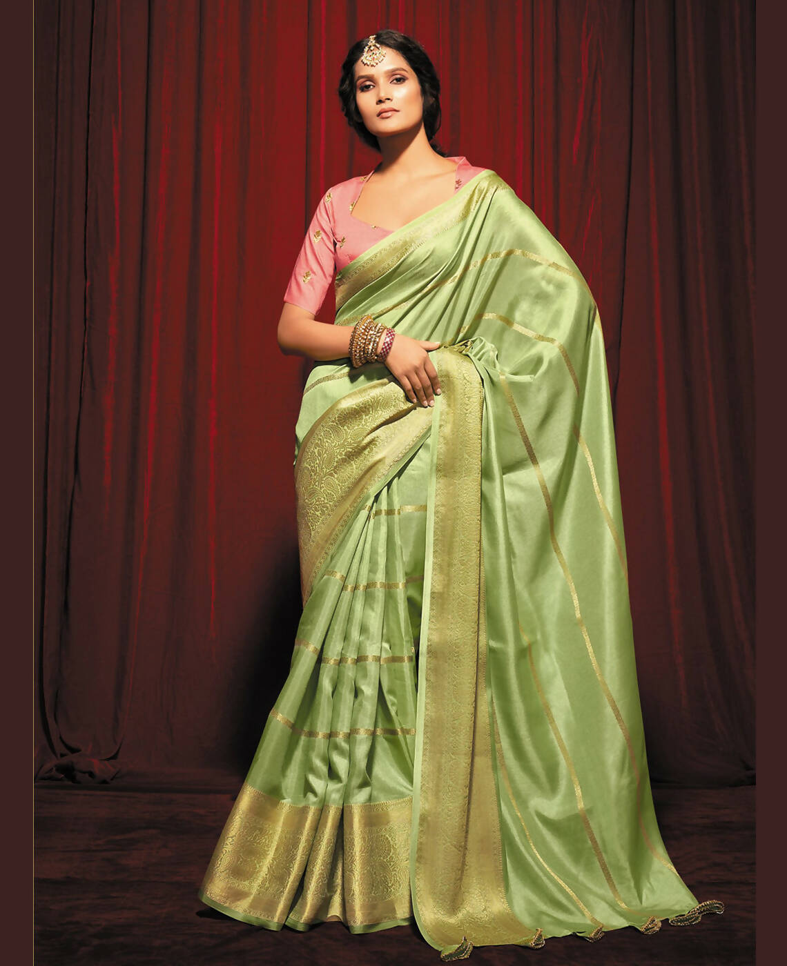Green Silk Striped Pattren Saree With Unstitched Blouse Piece - Zyanya