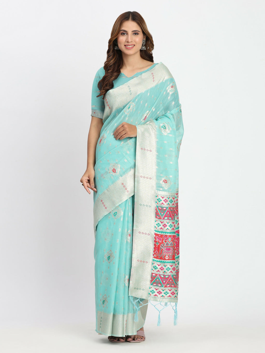 Shree Shyam Fashion Linen Cotton Sea Green Saree - Distacart