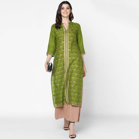 Cheera Hand Block Print Olive Green Straight Kurta (MAAI-044K)