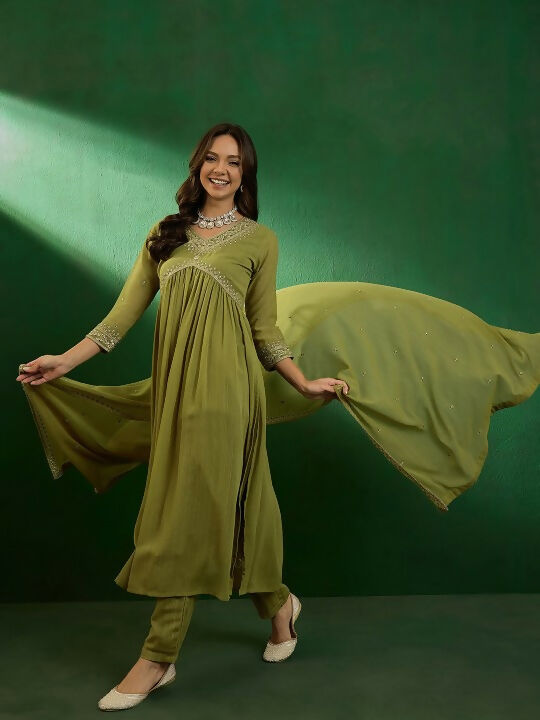 The52 Women's Beautiful Georgette Fabric Embroidery Work Straight Kurta Pant and Dupatta Set - Distacart